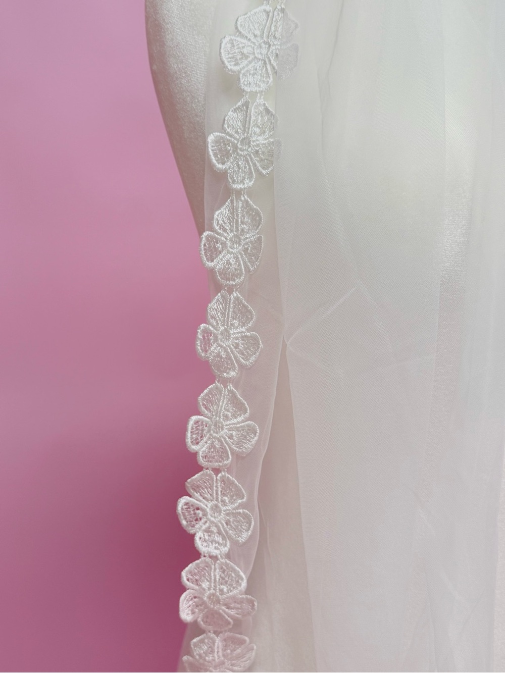 Sheer White Bridal Veil with Floral Lace Trim
